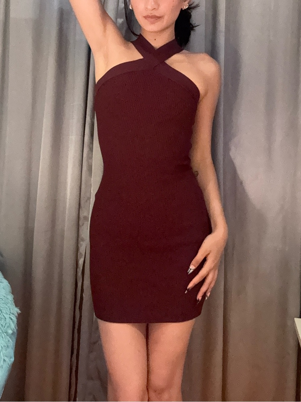 Babaton Cross-Neck Bodycon Mini Dress in Burgundy